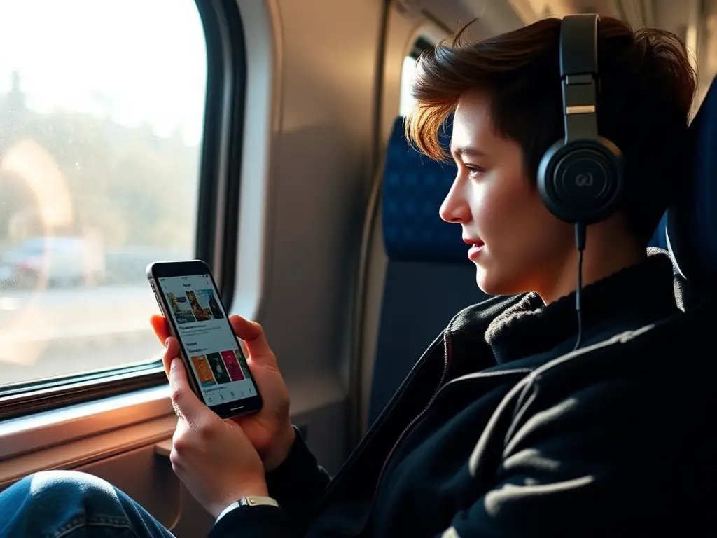 A person listening to an audiobook while commuting on a train, focusing on the 'Non-Fiction' category on their device.