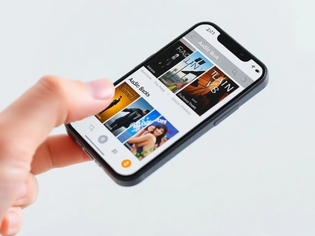A person browsing the Audible app on their smartphone, specifically looking at the 'Fiction' category, with various book covers displayed.