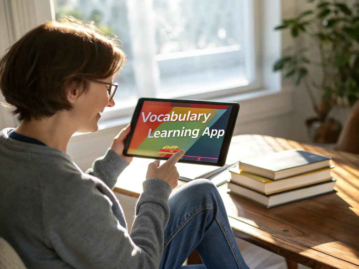 A person using a tablet to listen to a language learning podcast, with a focus on the 'Language Learning' category.